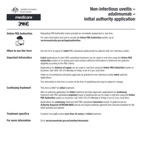 Document preview: Non-infectious uveitis - adalimumab - initial authority application form (PB372) — Services Australia — Health professionals, Australia (CERFA n°PB372)