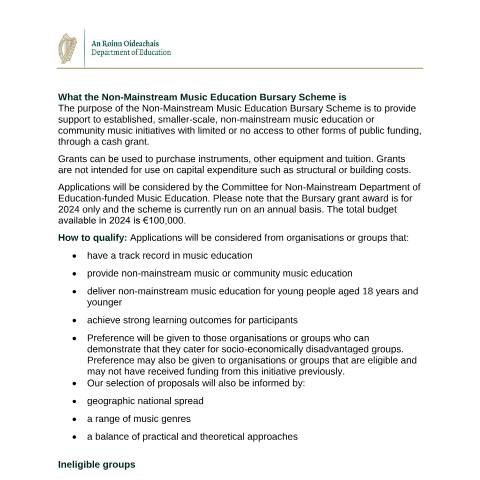 Document preview: Non-Mainstream Music Education Bursary Scheme - guidelines and application form — Department of Education, Ireland