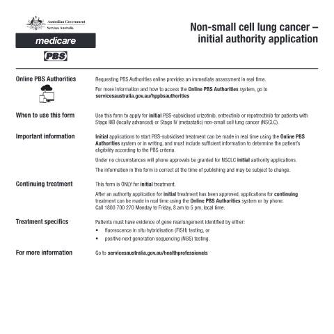 Document preview: Non-small cell lung cancer - initial authority application form (PB156) — Services Australia — Health professionals, Australia (CERFA n°PB156)