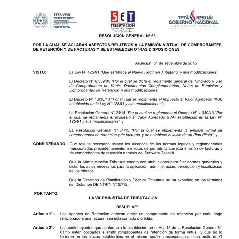 Vista previa del documento Resolución General Nº 63 15 — Facturacion Y Timbrado, Paraguay