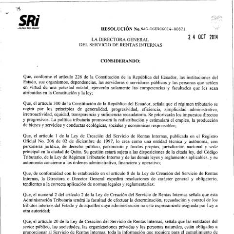 Vista previa del documento Resolución NAC-DGERCGC14-00871 publicada S.R.O. 24 de octubre 2014 — Impuesto al Valor Agregado (IVA), Ecuador (CERFA n°NAC-DGERCGC14-00871-+24-oct-2014[1])