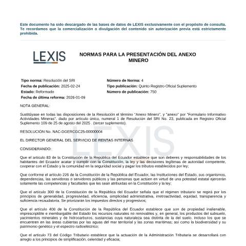 Vista previa del documento Resolución No. NAC-DGERCGC25-00000004 - Normas para la presentación del Formulario Informativo de Actividades Mineras — Impuesto al Valor Agregado (IVA), Ecuador (CERFA n°RESOLUCIÓN No. NAC-DGERCGC25-00000004)