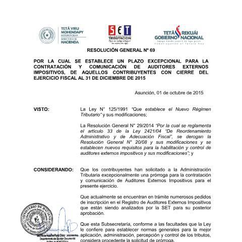 Vista previa del documento Resolución General Nº 69 15 — Auditores Externos Impositivos, Paraguay