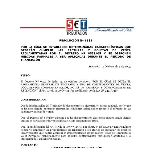Vista previa del documento Resolución N° 1382 05 — Facturacion Y Timbrado, Paraguay