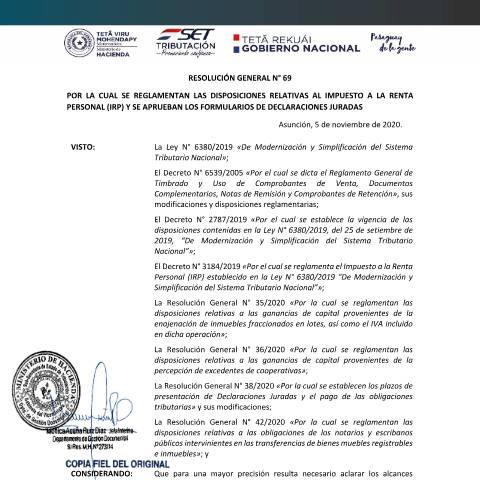 Vista previa del documento RESOLUCION GENERAL N° 69 2020 IRP — Irp, Paraguay