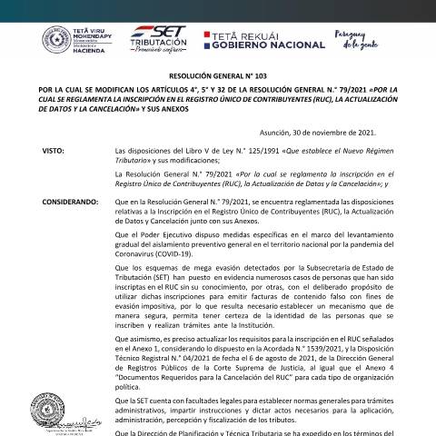 Vista previa del documento Resolución General Nº103-21 (1) — Registro Único De Contribuyentes Ruc, Paraguay
