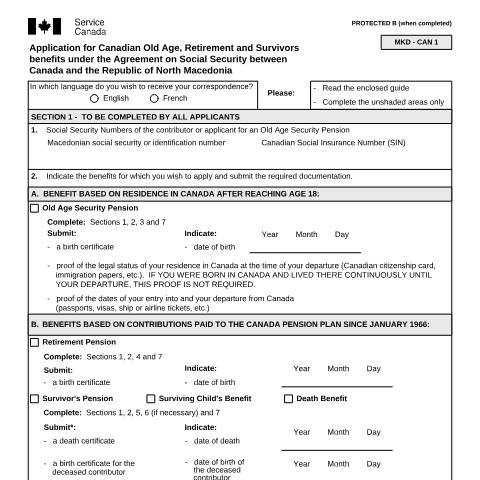 Document preview: North Macedonia/Canada Agreement - Application for Canadian Old Age, Retirement and Survivors Benefits — Income Security Programs, Canada (CERFA n°ISP5054-MKD)