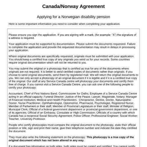 Document preview: Norway/Canada Agreement - Application for a Norwegian disability pension — Income Security Programs, Canada (CERFA n°NAV_12_06_05)