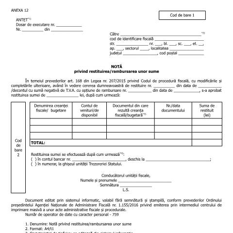Document preview: Notă privind restituirea/rambursarea unor sume (OPANAF 967/2017, OPANAF 2950/2017) — Documente emise, România (CERFA n°A12_A3_OPANAF%202950_2017)