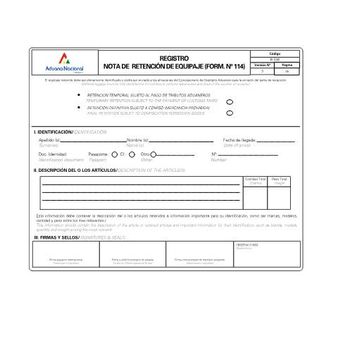 Vista previa del documento Nota de Retención de Equipaje — Formularios Aduana Nacional, Bolivia (CERFA n°R-334)