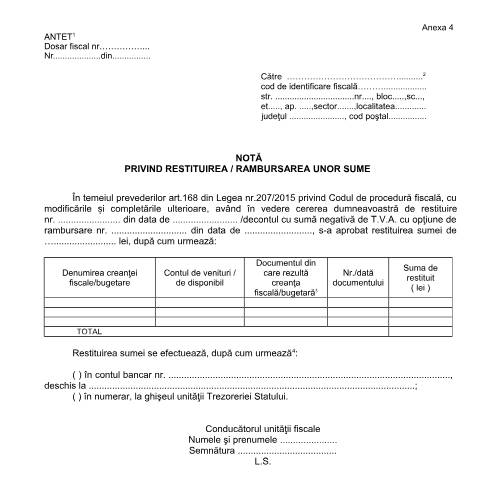 Document preview: Notă privind restituirea/rambursarea unor sume (OPANAF 63/2017) — Documente emise, România (CERFA n°A4_OPANAF_63_2017)