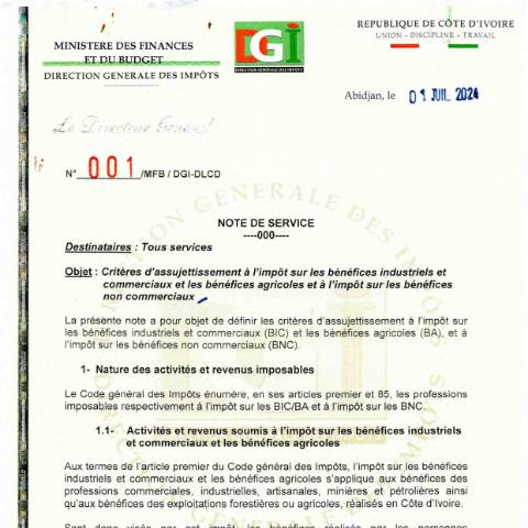 Aperçu du document note service 001 0001 — Note de service, Côte d'Ivoire