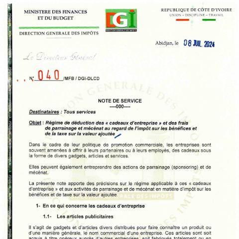 Aperçu du document note service 0040 0001 — Note de service, Côte d'Ivoire