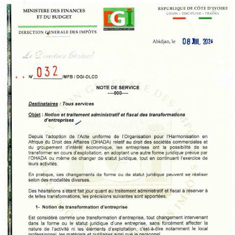 Aperçu du document note service 0032 0001 — Note de service, Côte d'Ivoire