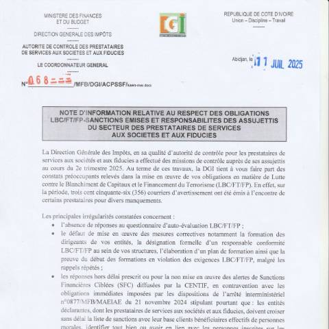 Aperçu du document NOTE DINFORMATION LBC FT FP — Document officiel, Côte d'Ivoire