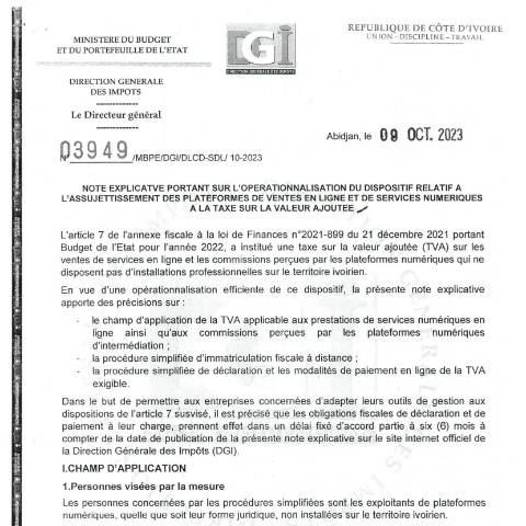 Aperçu du document note explicative 03949 — Document officiel, Côte d'Ivoire