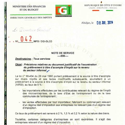 Aperçu du document note service 0042 0001 — Note de service, Côte d'Ivoire