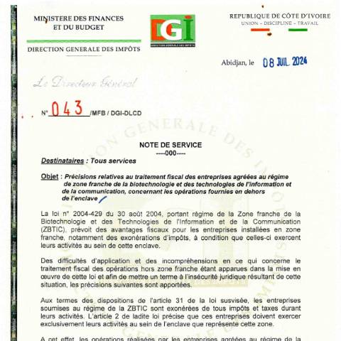 Aperçu du document note service 0043 0001 — Note de service, Côte d'Ivoire