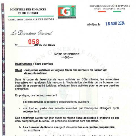 Aperçu du document note service 0058 0001 — Note de service, Côte d'Ivoire