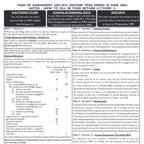 Document preview: Notes on Individual Return 01 — Form, Mauritius (CERFA n°ITForm01notesFinal0910)