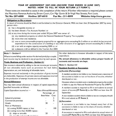 Document preview: Notes on Individual Return 01 — Form, Mauritius (CERFA n°Return010708Notes)