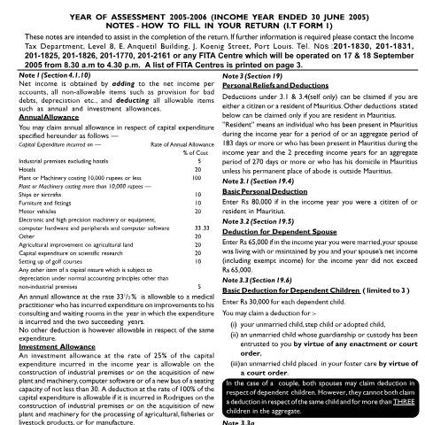 Document preview: Notes on Individual Return 01 — Form, Mauritius (CERFA n°ind0105n)