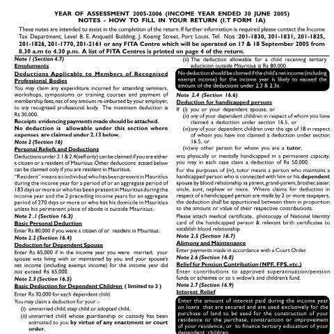 Document preview: Notes on Individual Return 1A — Form, Mauritius (CERFA n°ind1a05n)
