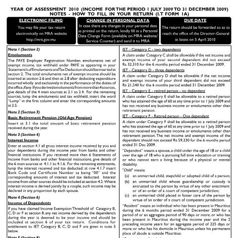Document preview: Notes on Individual Return 1A — Form, Mauritius (CERFA n°Return1Anotes2010)