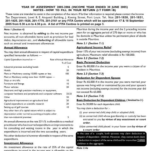 Document preview: Notes on Individual Return 1B — Form, Mauritius (CERFA n°ind1b05n)