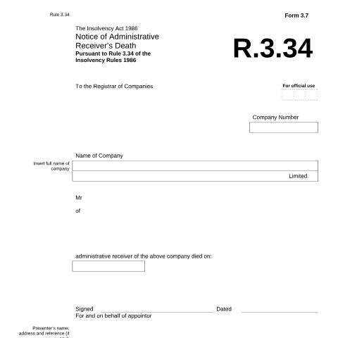 Document preview: Give notice of administrative receiver's death (3.7) — Companies House, United Kingdom