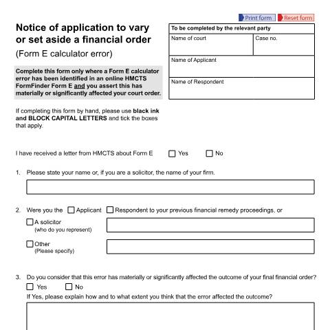 Document preview: Notice of Application to vary or set aside a financial order (Form E calculator error): Form D650 — HM Courts & Tribunals Service, United Kingdom
