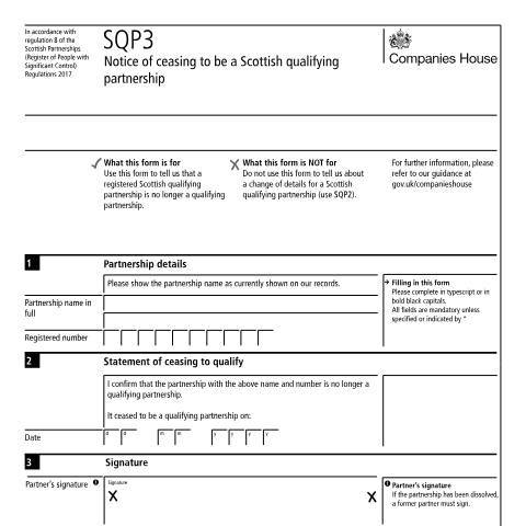 Document preview: Give notice of ceasing to be a Scottish qualifying partnership (SQP3) — Companies House, United Kingdom