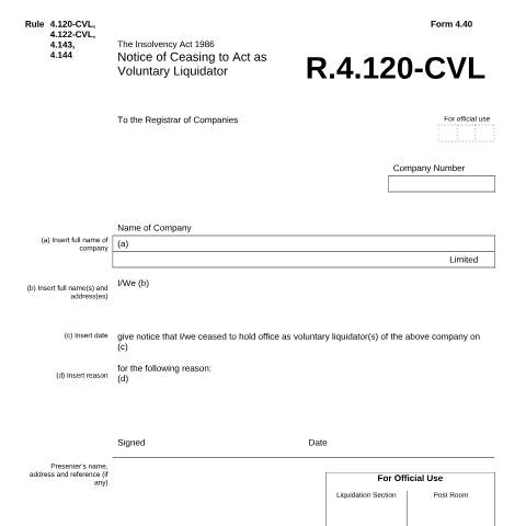 Document preview: Give notice of ceasing to act as voluntary liquidator (4.40) — Companies House, United Kingdom
