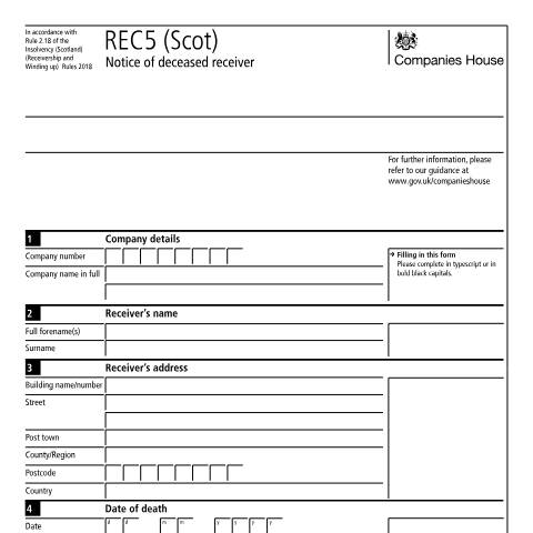 Document preview: Give notice of a deceased receiver for a Scottish company: REC5 (Scot) — Companies House, United Kingdom