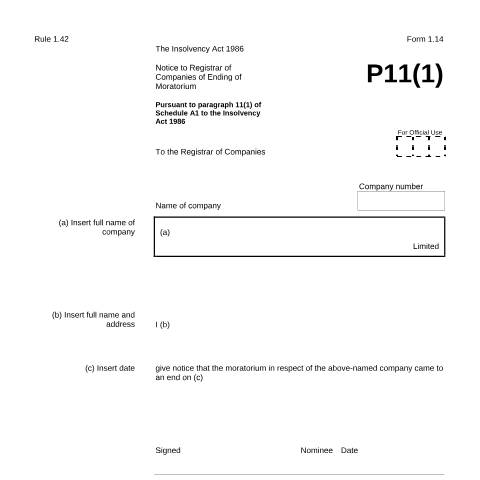 Document preview: Give notice of ending of moratorium (1.14) — Companies House, United Kingdom