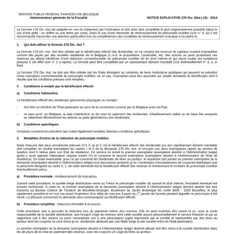 Aperçu du document Notice explicative 276 Div (PDF, 91.87 Ko) — Demandes de réductions conventionnelles, Belgique (CERFA n°167-276-div-notice)