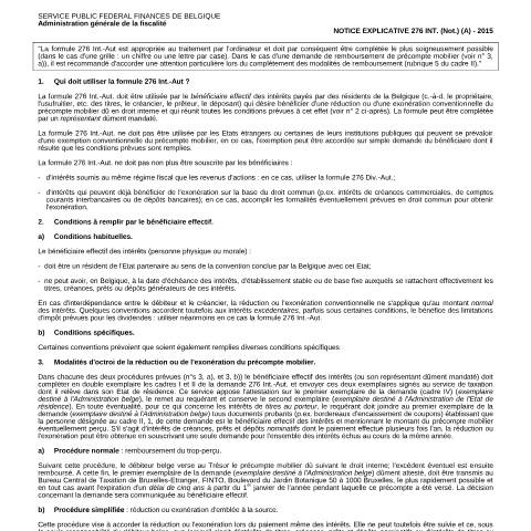 Aperçu du document Notice explicative 276 Int (PDF, 97.45 Ko) — Demandes de réductions conventionnelles, Belgique (CERFA n°167-276-int-notice)
