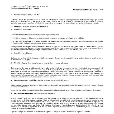 Aperçu du document 276 r notice explicative 1 — Demande concernant des redevances sur la base d’une convention préventive de double imposition, Belgique (CERFA n°276-r-notice-explicative-1)