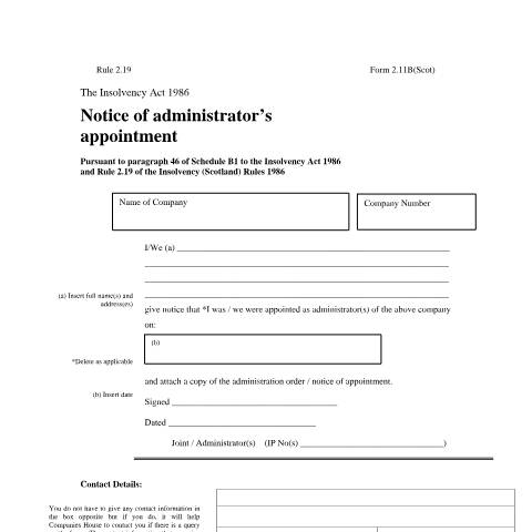 Document preview: Notice of administrator’s appointment: form 2.11B (Scotland) — The Insolvency Service, United Kingdom