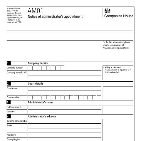 Document preview: Give notice of administrator's appointment (AM01) — Companies House, United Kingdom