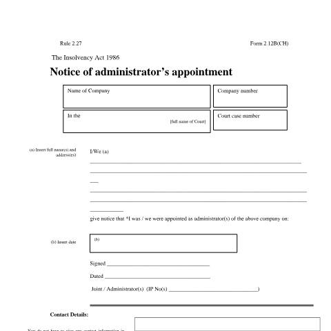Document preview: Give notice of administrator's appointment (2.12B(CH)) — Companies House, United Kingdom
