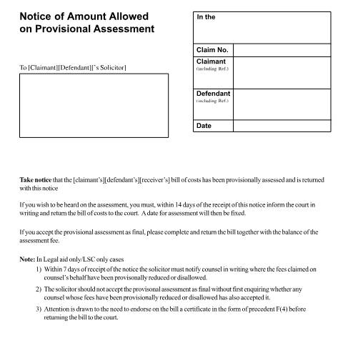 Document preview: Notice of amount allowed on a provisional assessment: Form N253 — HM Courts & Tribunals Service, United Kingdom