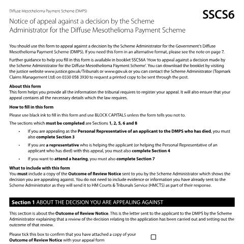 Document preview: Notice of Appeal against a decision by the scheme administrator for the Diffuse Mesothelioma Payment Scheme: Form SSCS6 — HM Courts & Tribunals Service, United Kingdom