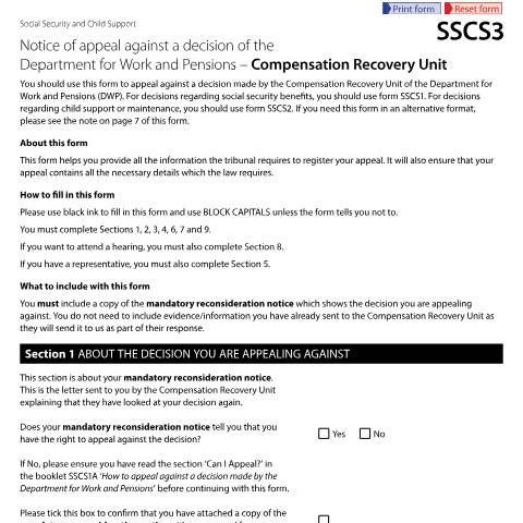 Document preview: Notice of Appeal against a decision of the Department for Work and Pensions - Compensation Recovery Unit: Form SSCS3 — HM Courts & Tribunals Service, United Kingdom