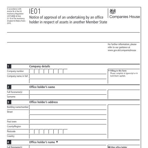Document preview: Give notice of approval of an undertaking for assets in another member state (IE01) — Companies House, United Kingdom