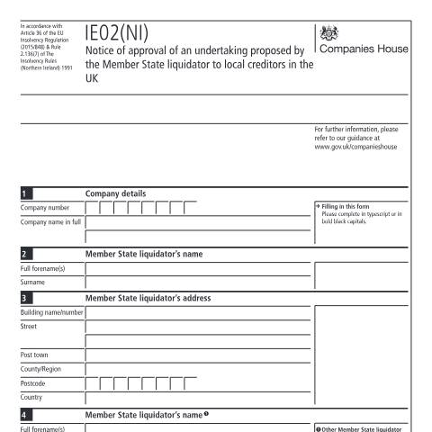 Document preview: Give notice of approval of a proposed undertaking to local creditors in the UK (IE02(NI)) — Companies House, United Kingdom