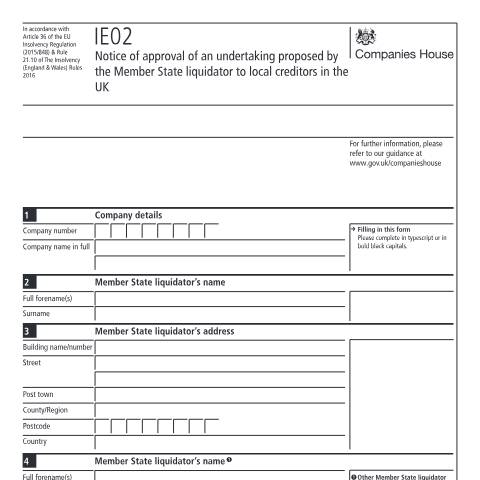 Document preview: Give notice of approval of a proposed undertaking to local creditors in the UK (IE02) — Companies House, United Kingdom