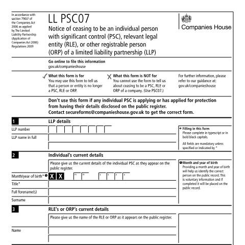 Document preview: Give notice of ceasing to be a PSC, RLE or ORP of an LLP (LL PSC07) — Companies House, United Kingdom