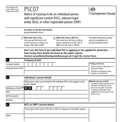 Document preview: Give notice of ceasing to be a person with significant control (PSC07) — Companies House, United Kingdom
