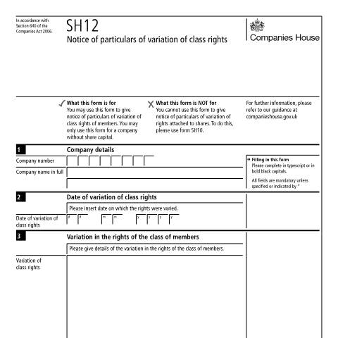 Document preview: Give notice of particulars of variation of class rights (SH12) — Companies House, United Kingdom